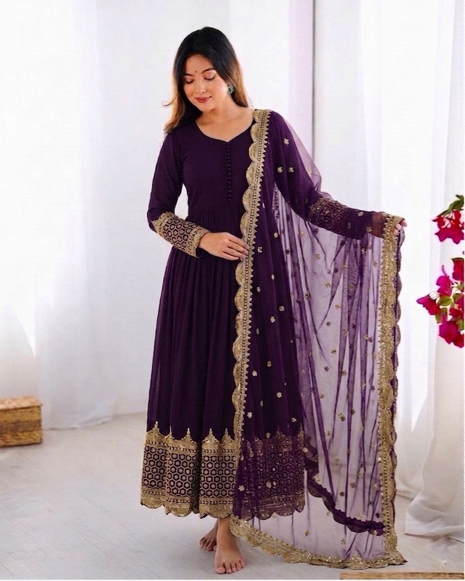 Purple Embroidered Sequence Work Anarkali
