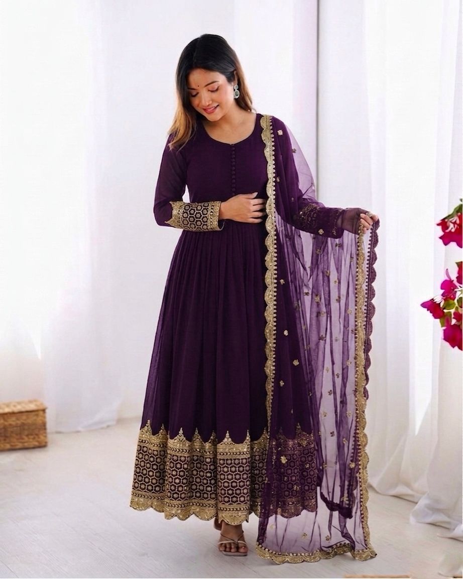 Purple Embroidered Sequence Work Anarkali