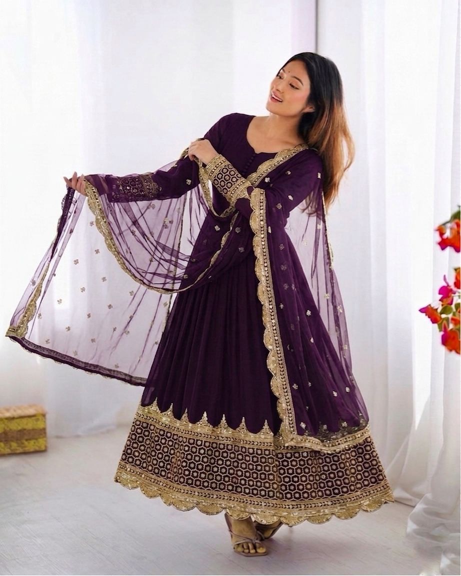 Purple Embroidered Sequence Work Anarkali