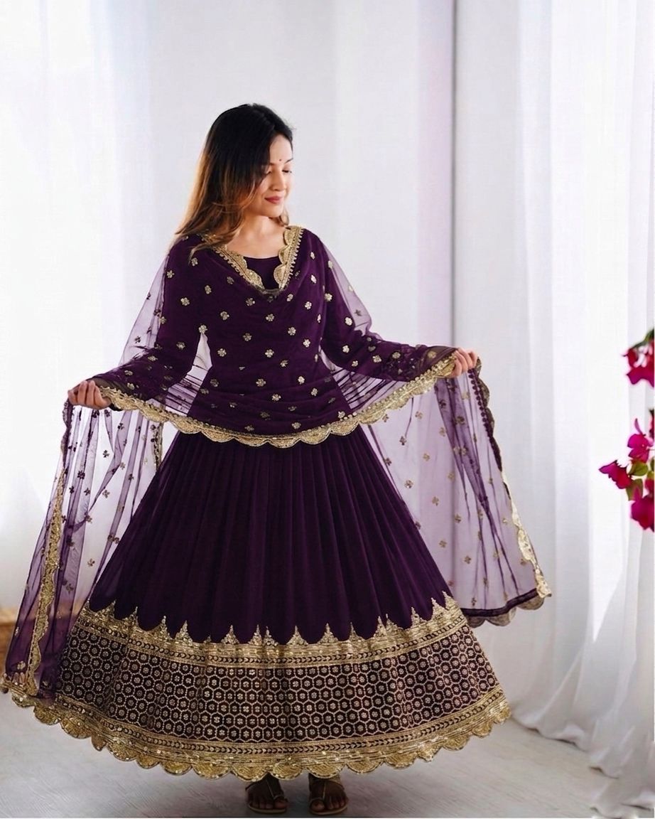 Purple Embroidered Sequence Work Anarkali