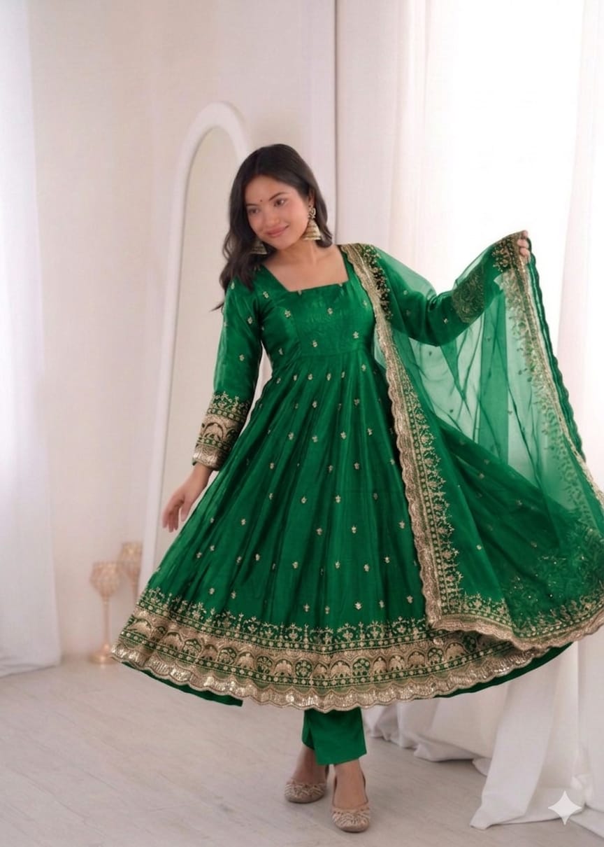 Green Embroidery Sequins Fandy Silk Work Suit Set