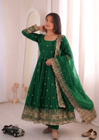 Green Embroidery Sequins Fandy Silk Work Suit Set