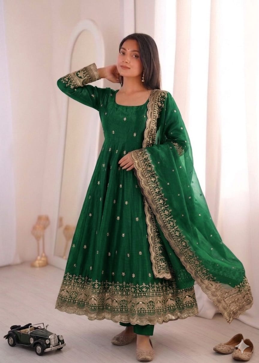 Green Embroidery Sequins Fandy Silk Work Suit Set
