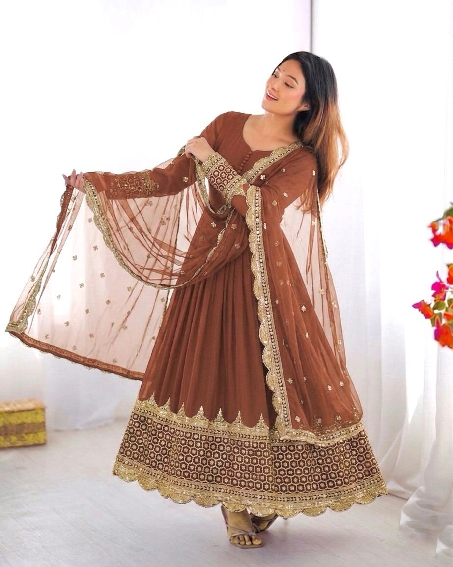 Brown Embroidered Sequence Work Anarkali