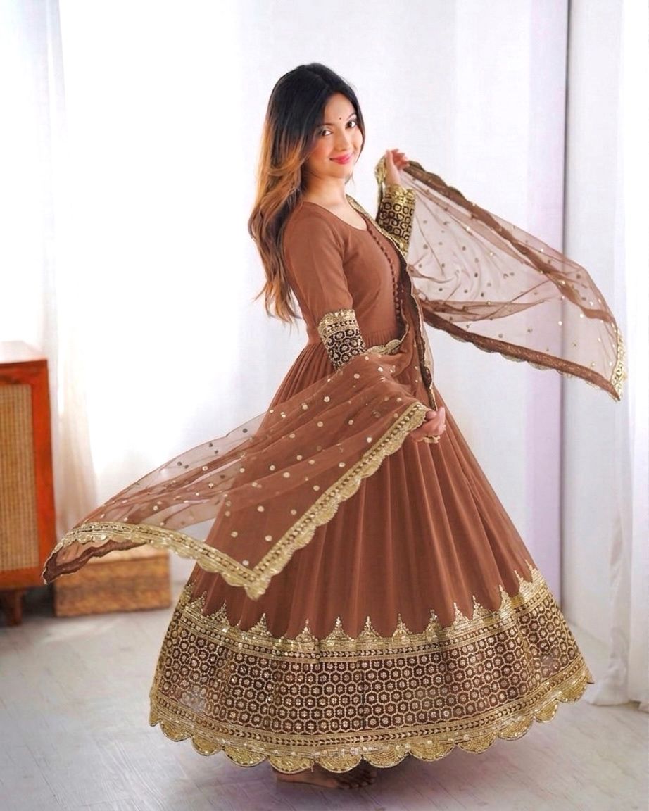 Brown Embroidered Sequence Work Anarkali