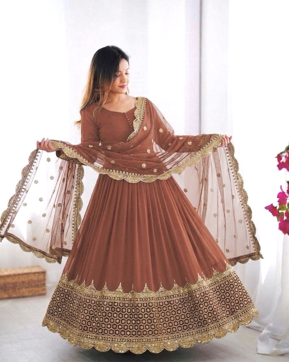 Brown Embroidered Sequence Work Anarkali