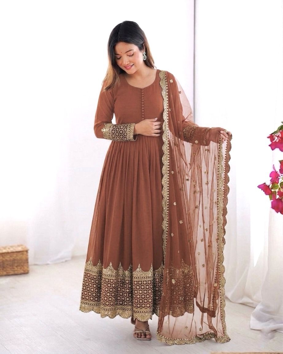 Brown Embroidered Sequence Work Anarkali