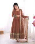 Brown Embroidered Sequence Work Anarkali
