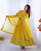 Yellow Embroidered Sequence Work Anarkali