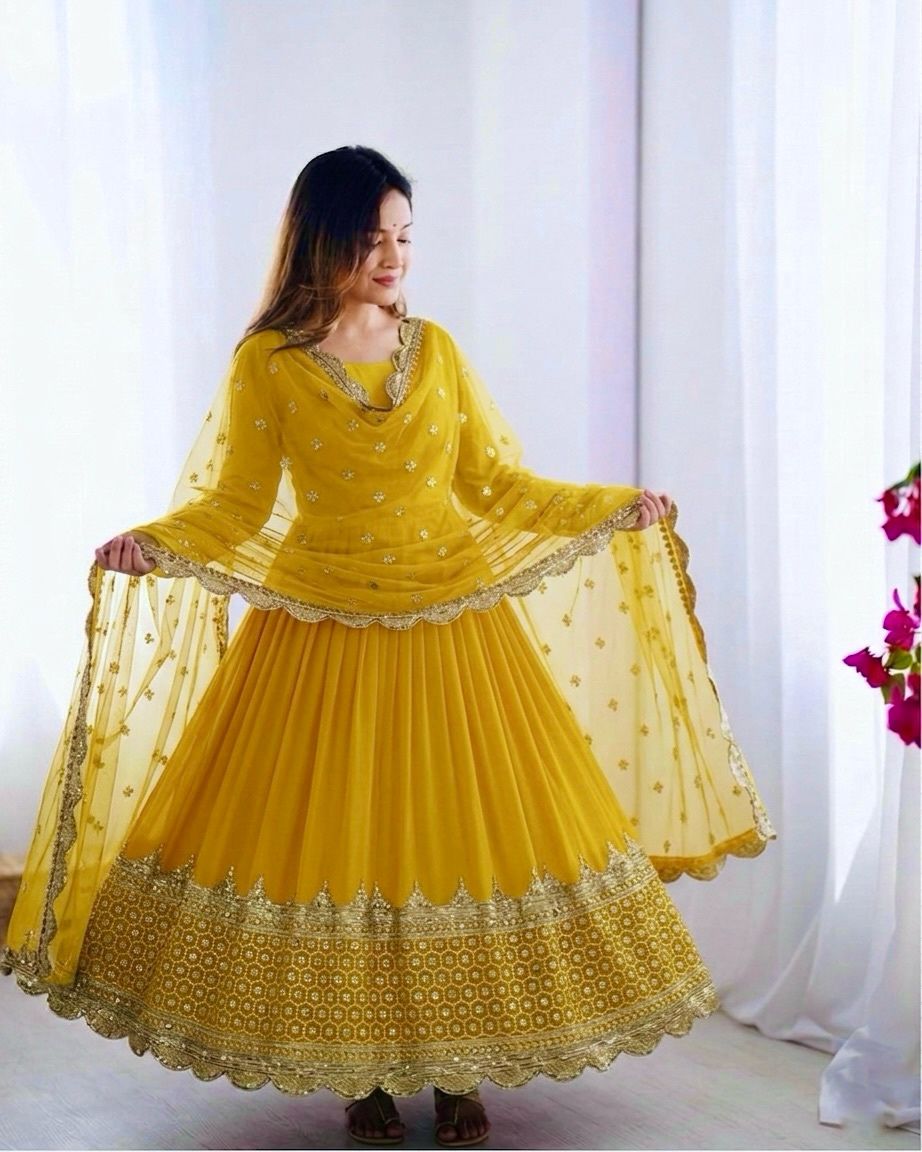 Yellow Embroidered Sequence Work Anarkali
