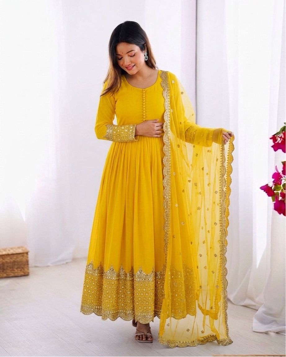 Yellow Embroidered Sequence Work Anarkali