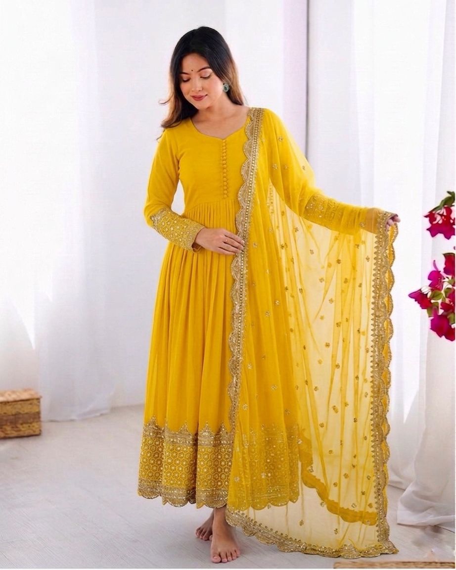 Yellow Embroidered Sequence Work Anarkali