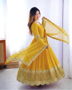 Yellow Embroidered Sequence Work Anarkali