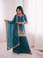 Blue Embroidery Sequence Work Sharara Suit