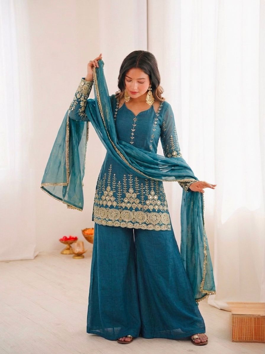 Blue Embroidery Sequence Work Sharara Suit