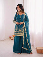Blue Embroidery Sequence Work Sharara Suit