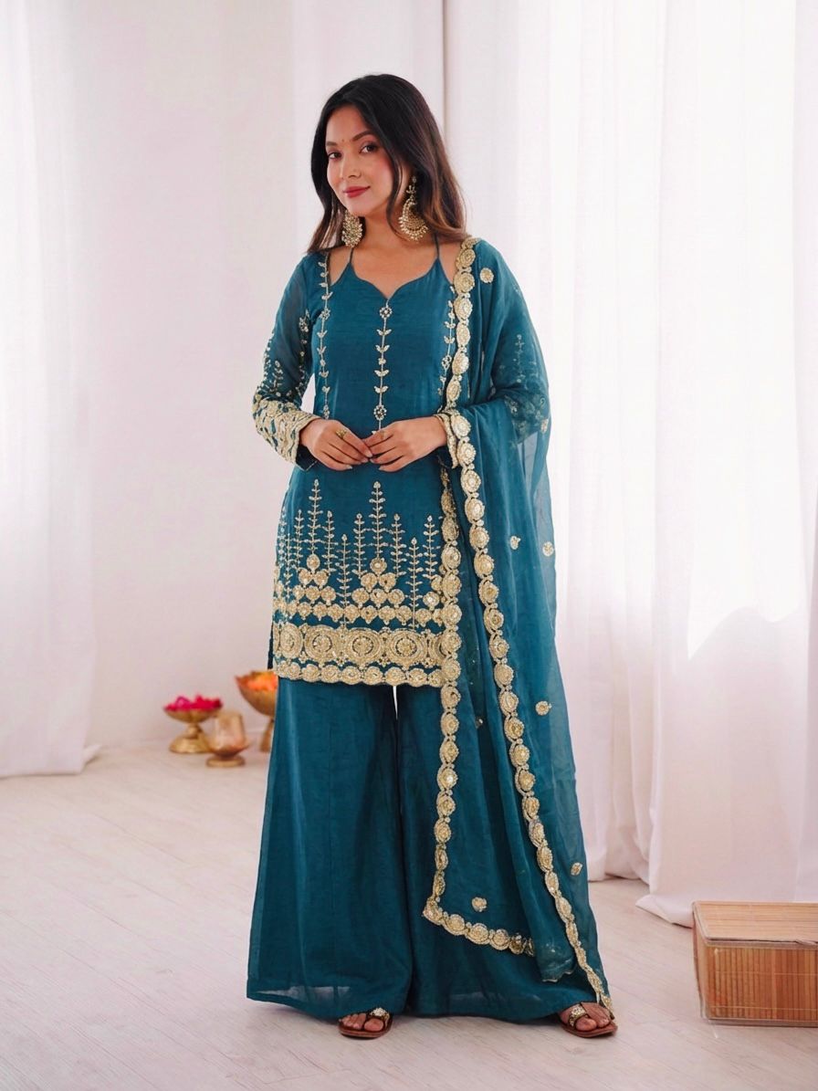Blue Embroidery Sequence Work Sharara Suit