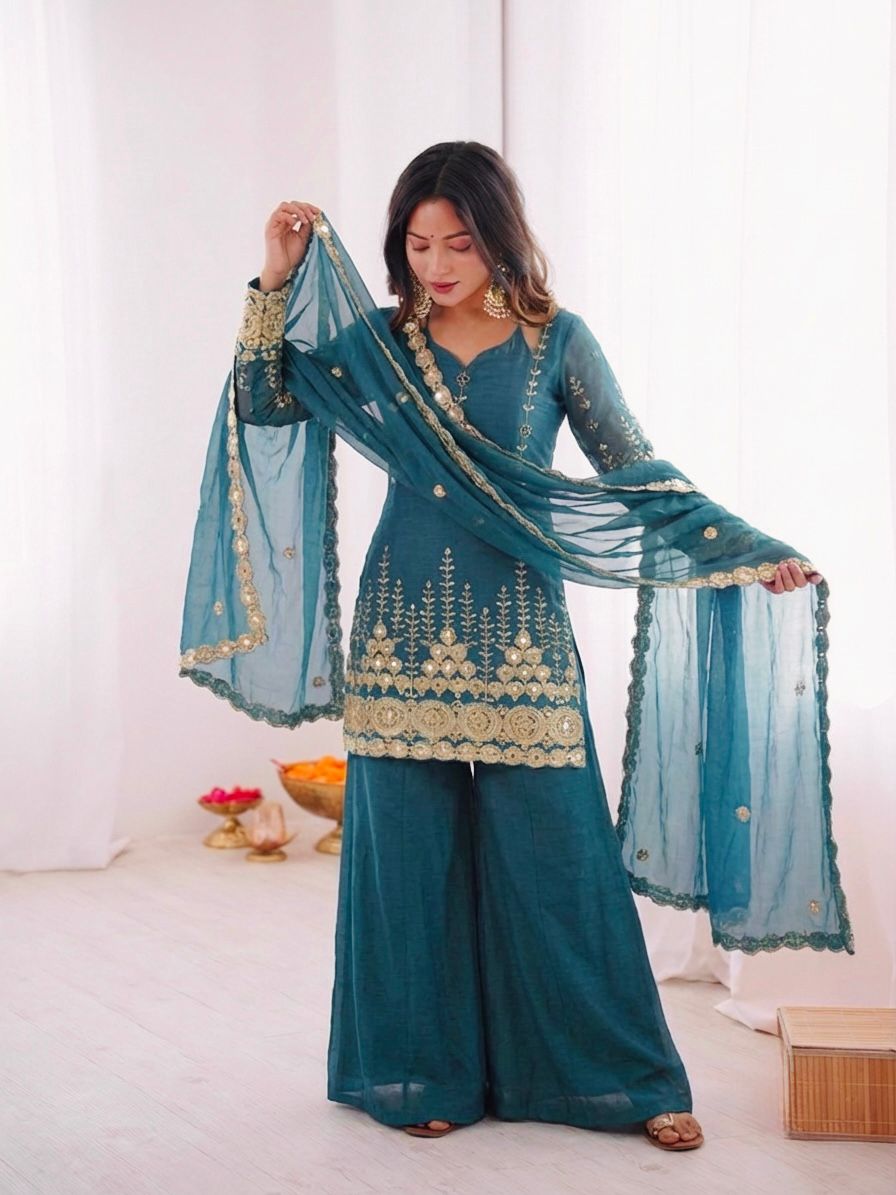 Blue Embroidery Sequence Work Sharara Suit