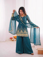 Blue Embroidery Sequence Work Sharara Suit