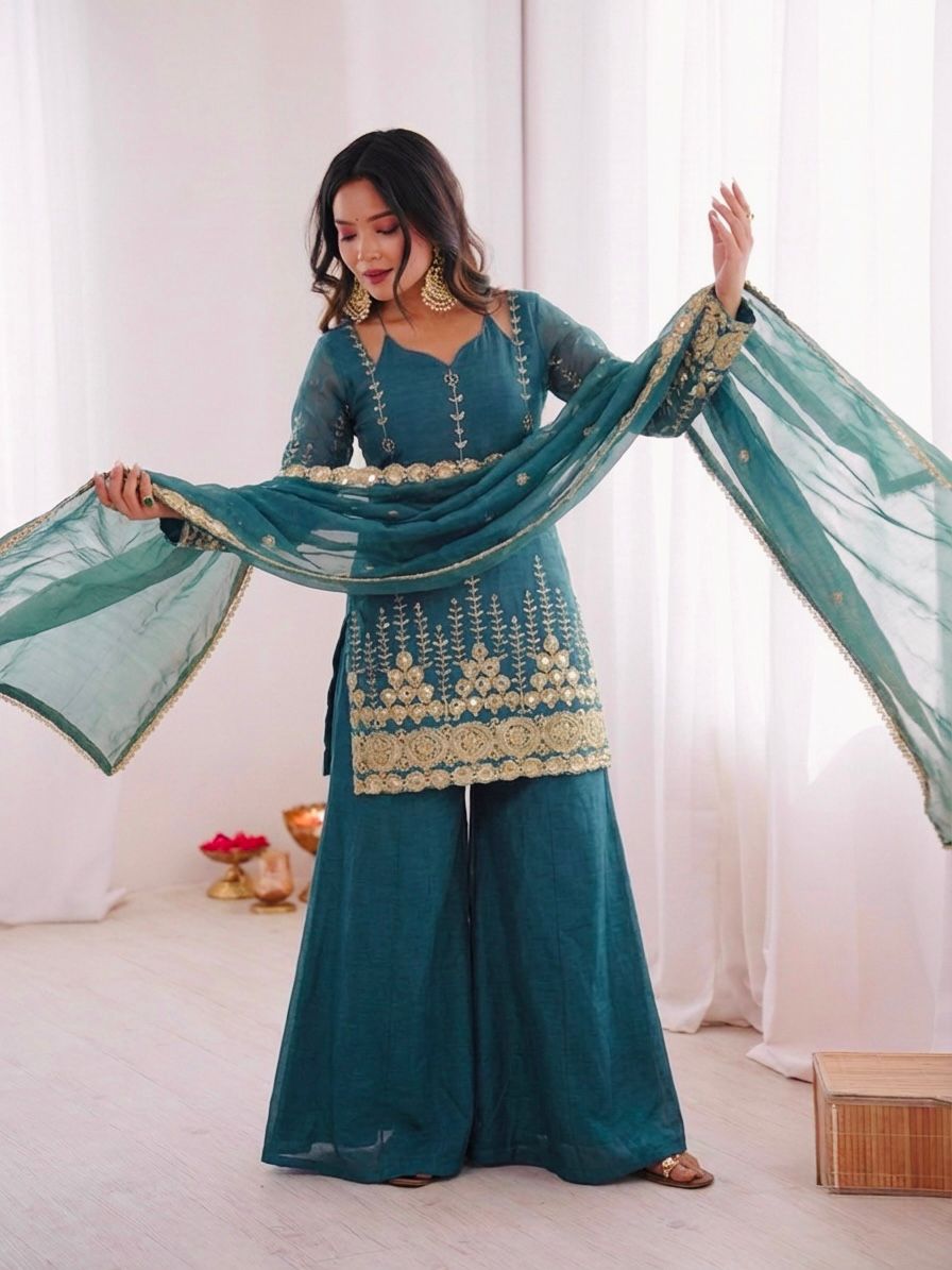 Blue Embroidery Sequence Work Sharara Suit