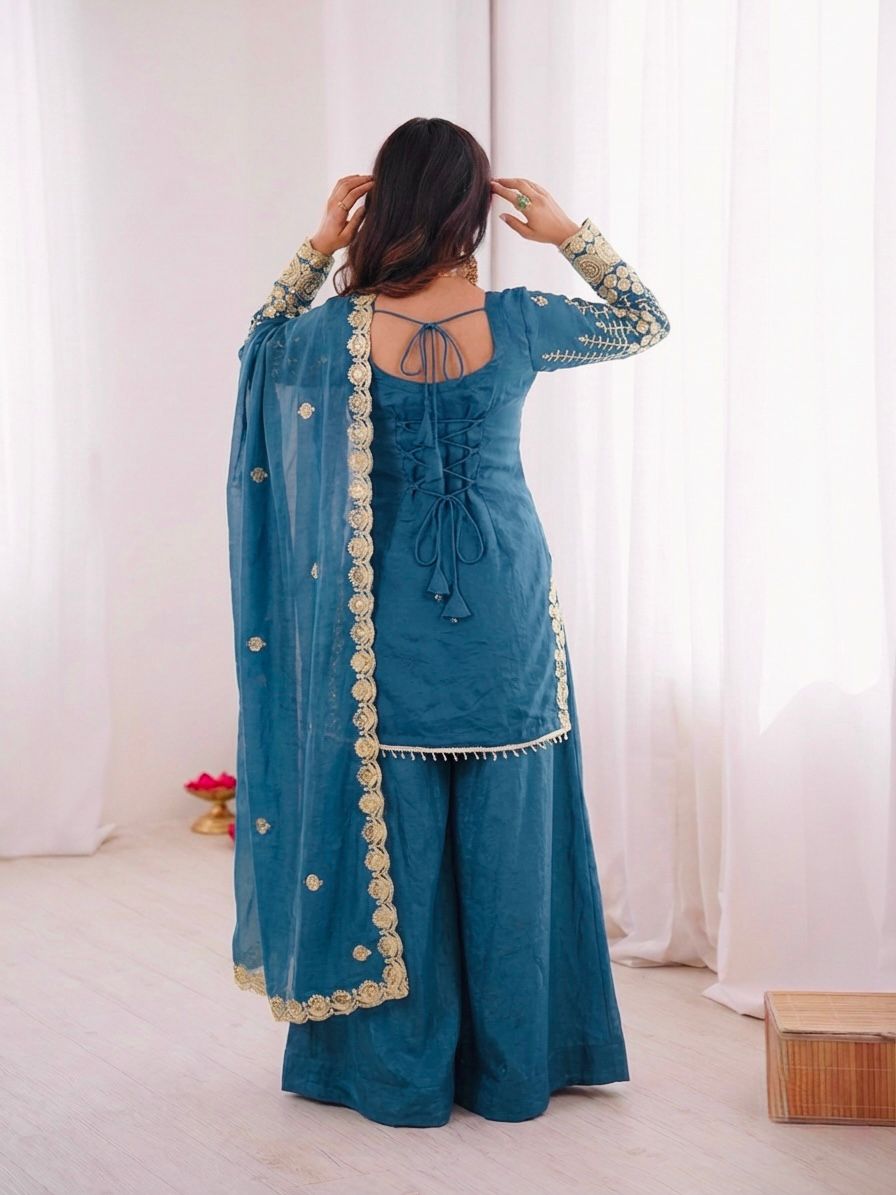 Blue Embroidery Sequence Work Sharara Suit