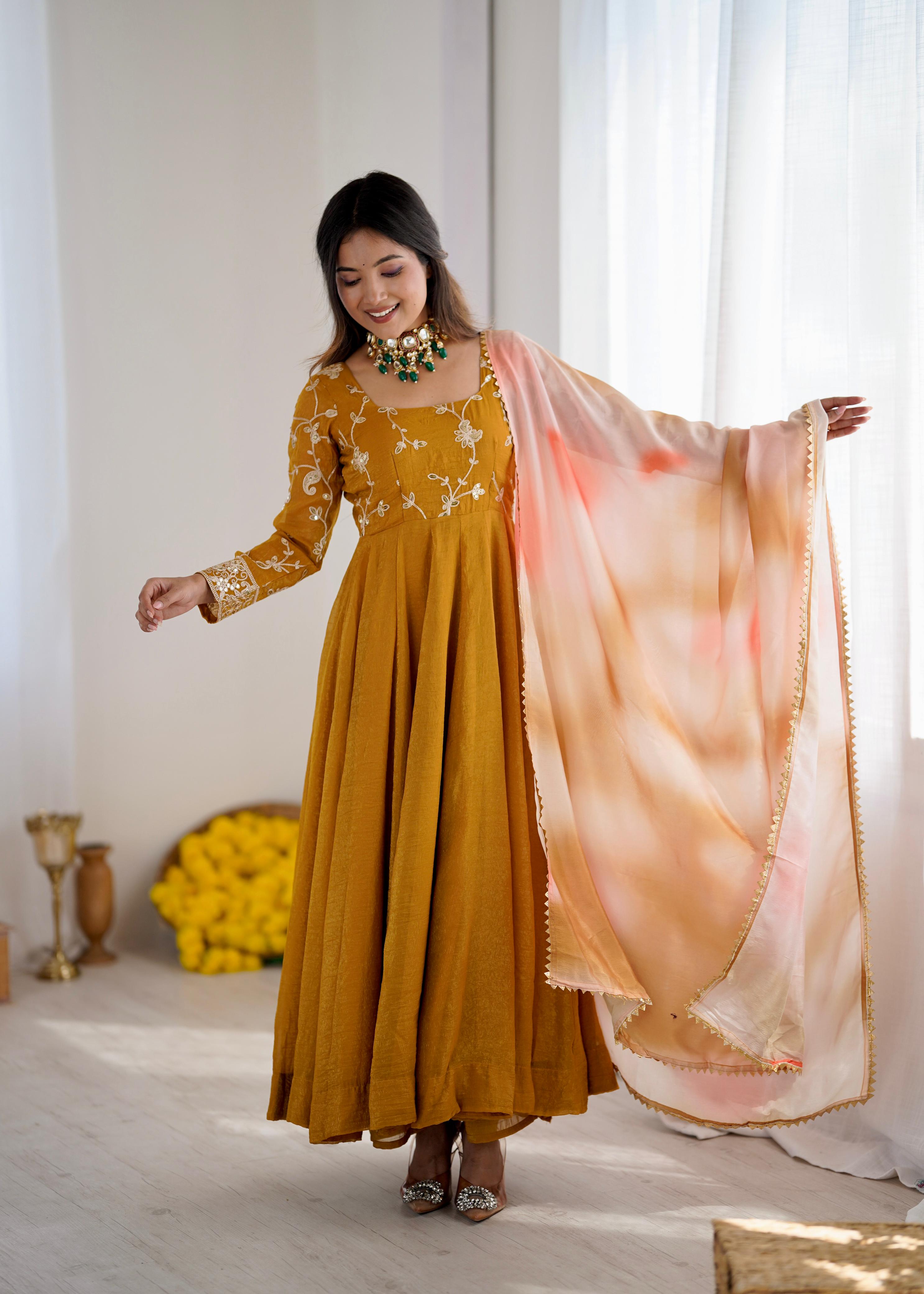 Yellow Crunchy silk With Embroidery Sequence Work Anarkali