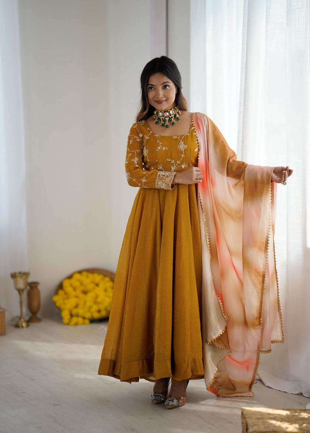 Yellow Crunchy silk With Embroidery Sequence Work Anarkali