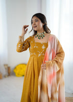 Yellow Crunchy silk With Embroidery Sequence Work Anarkali