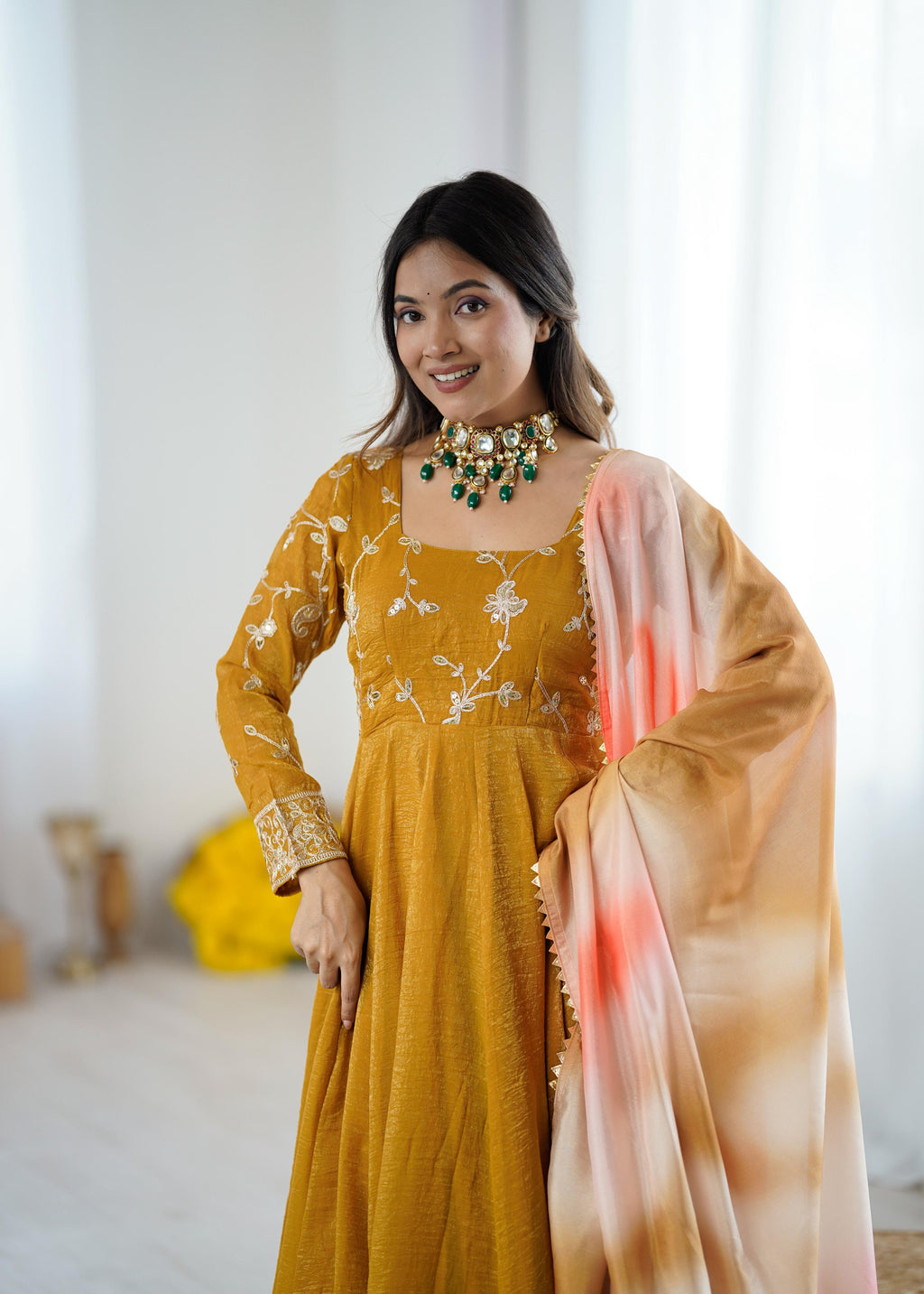 Yellow Crunchy silk With Embroidery Sequence Work Anarkali