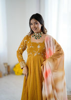 Yellow Crunchy silk With Embroidery Sequence Work Anarkali