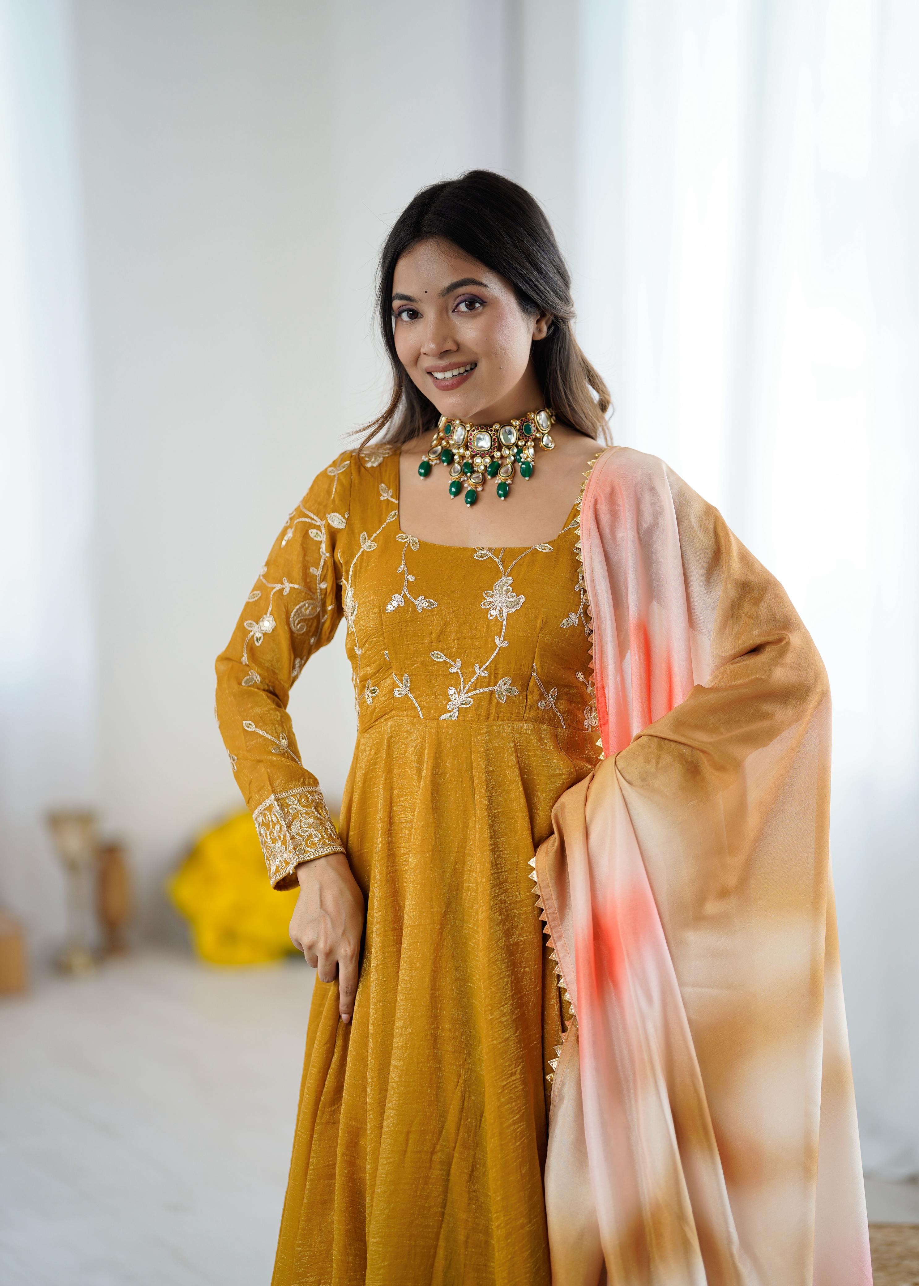 Yellow Crunchy silk With Embroidery Sequence Work Anarkali
