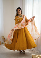 Yellow Crunchy silk With Embroidery Sequence Work Anarkali