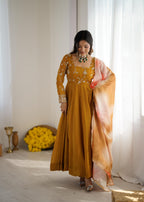 Yellow Crunchy silk With Embroidery Sequence Work Anarkali