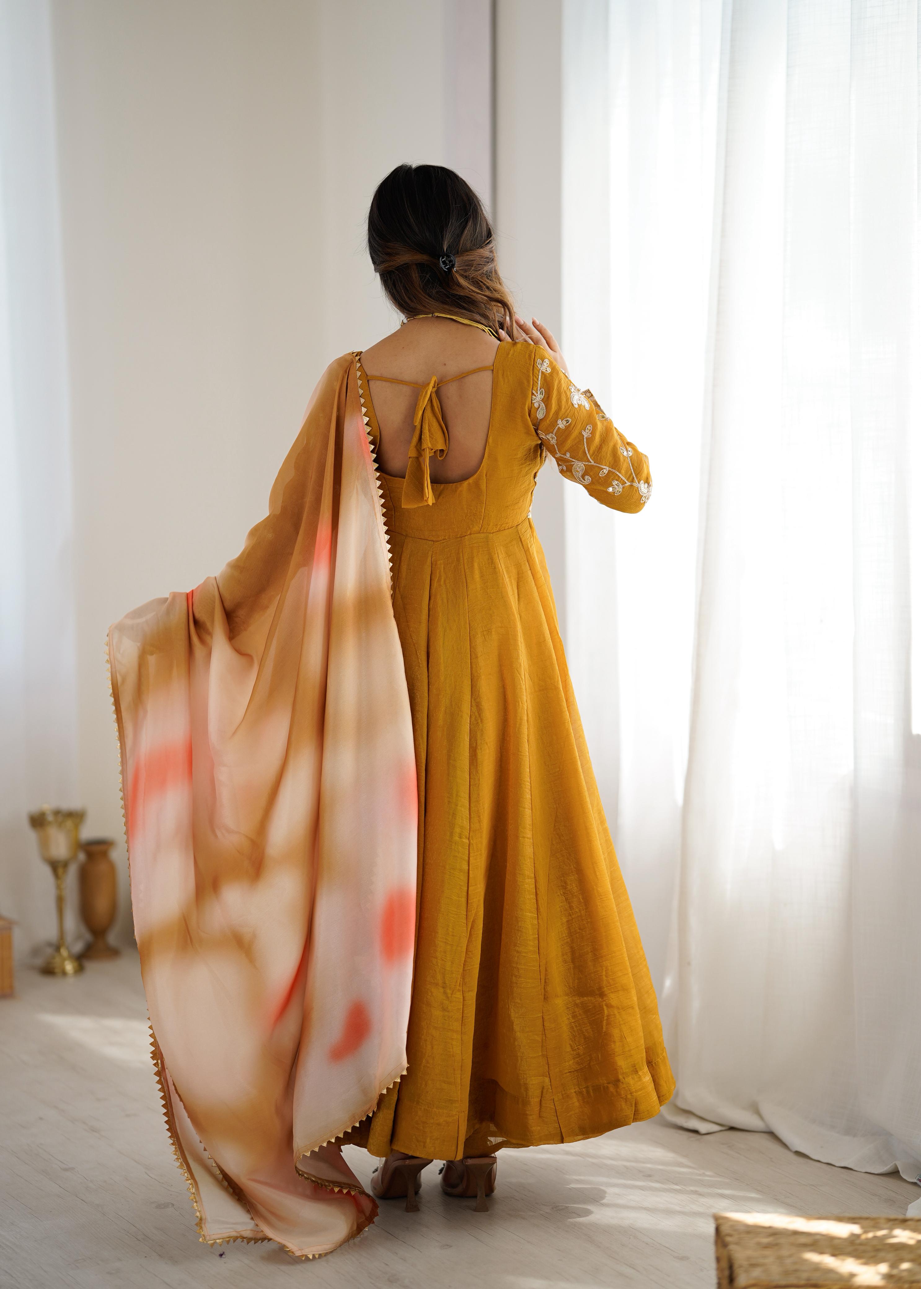 Yellow Crunchy silk With Embroidery Sequence Work Anarkali