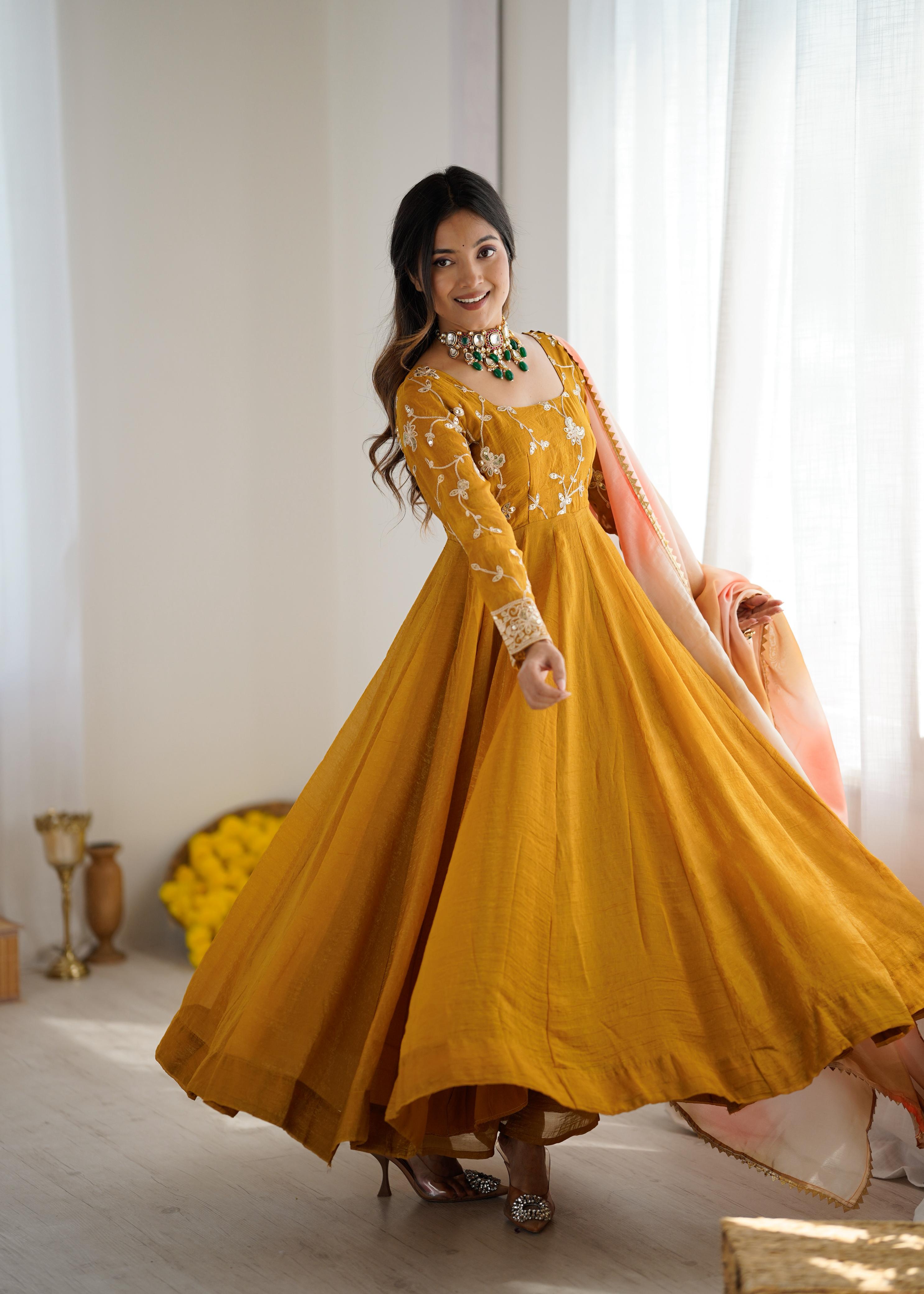 Yellow Crunchy silk With Embroidery Sequence Work Anarkali