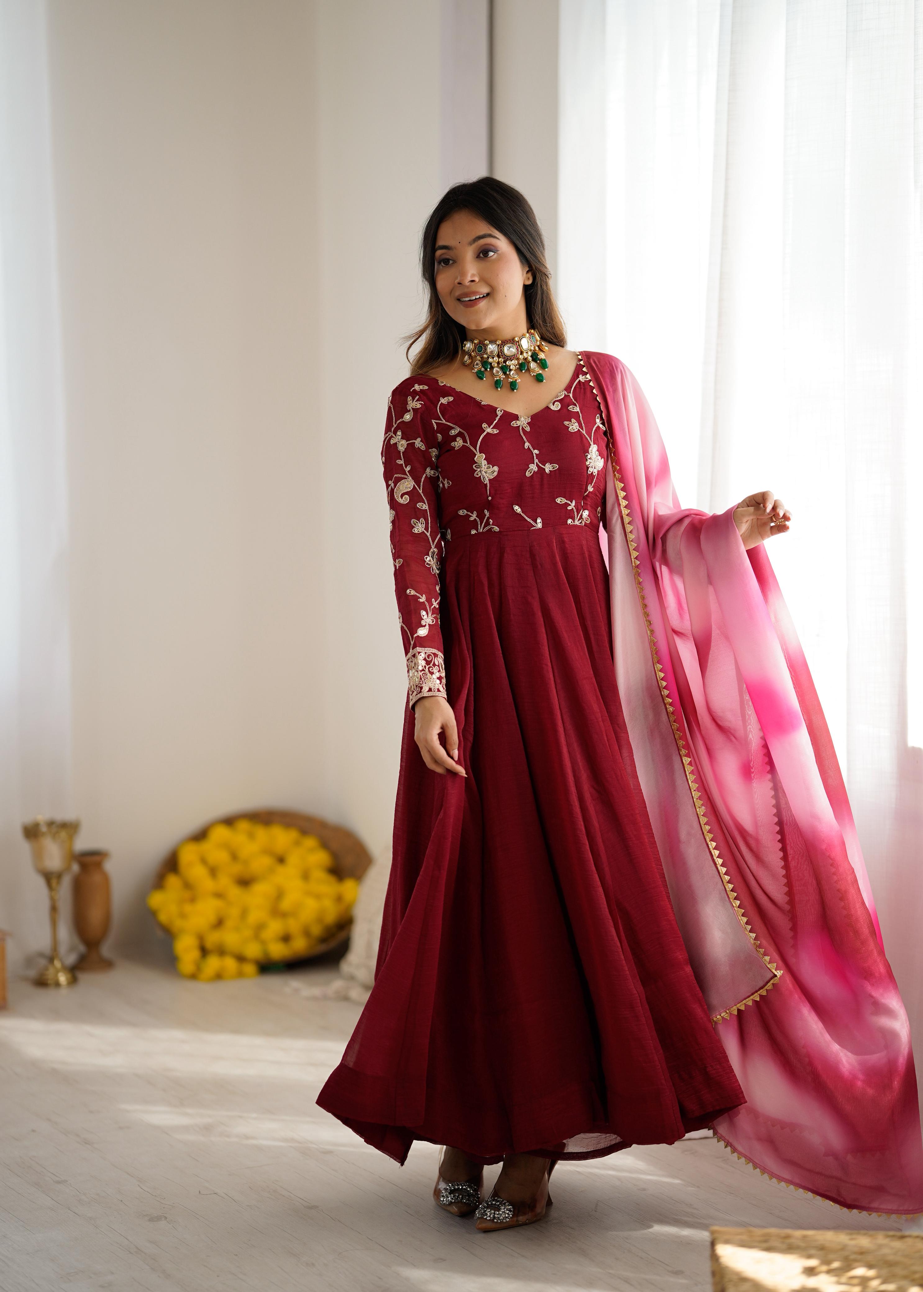 Maroon Crunchy silk With Embroidery Sequence Work Anarkali