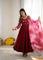 Maroon Crunchy silk With Embroidery Sequence Work Anarkali