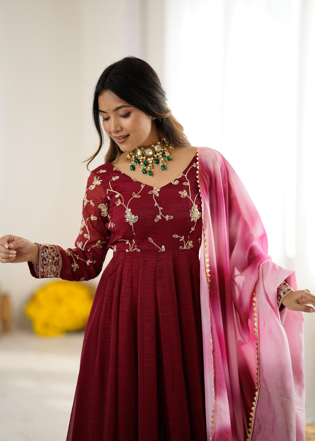 Maroon Crunchy silk With Embroidery Sequence Work Anarkali
