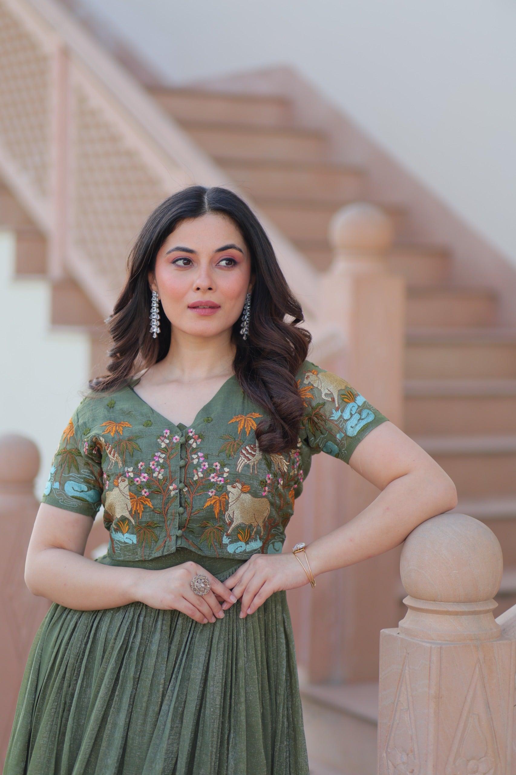 Sea Green Kalamkari Print With Koti-Gown
