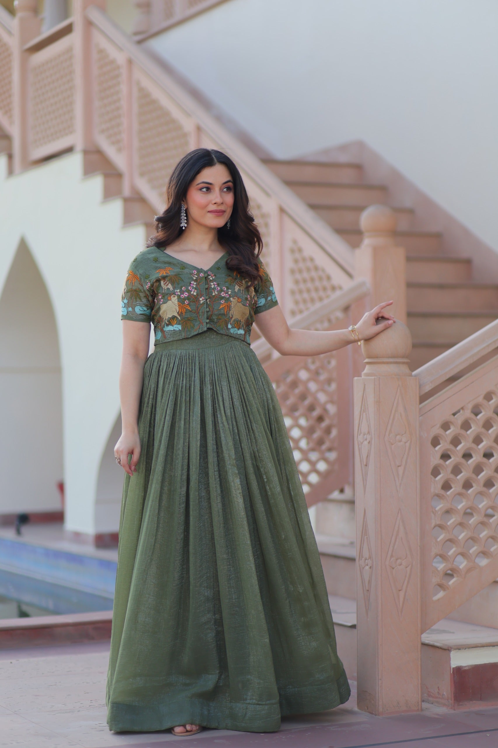 Sea Green Kalamkari Print With Koti-Gown