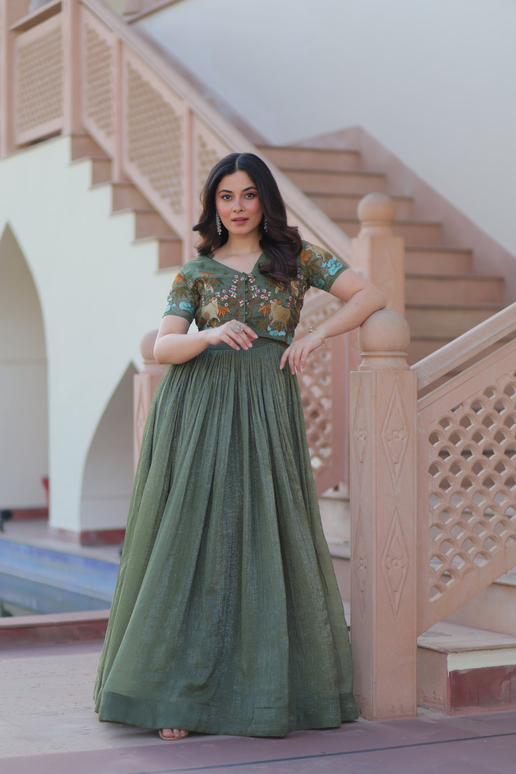 Sea Green Kalamkari Print With Koti-Gown