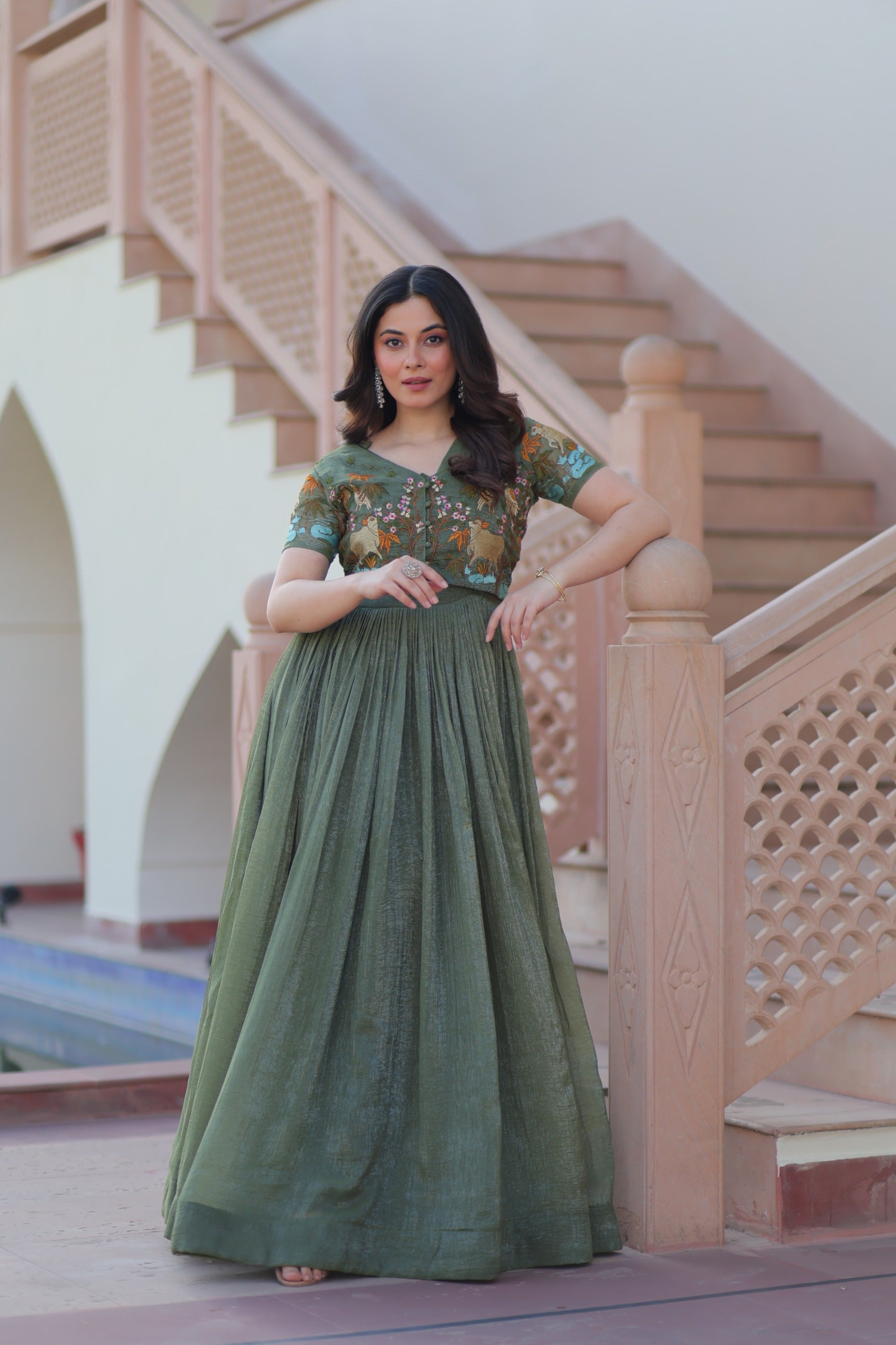 Sea Green Kalamkari Print With Koti-Gown