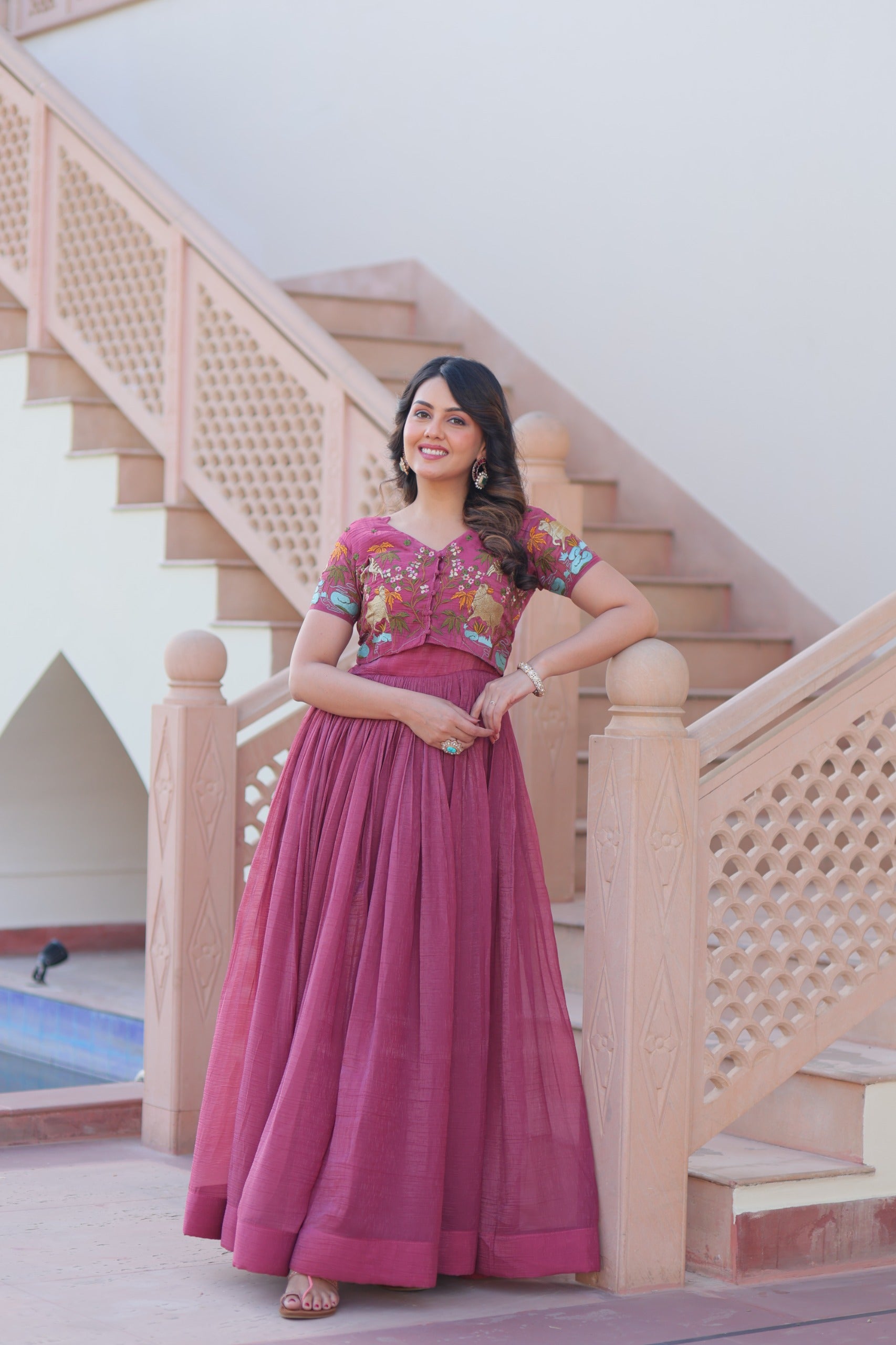 Magenta Kalamkari Print With Koti-Gown