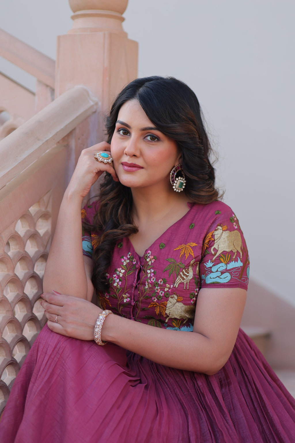 Magenta Kalamkari Print With Koti-Gown
