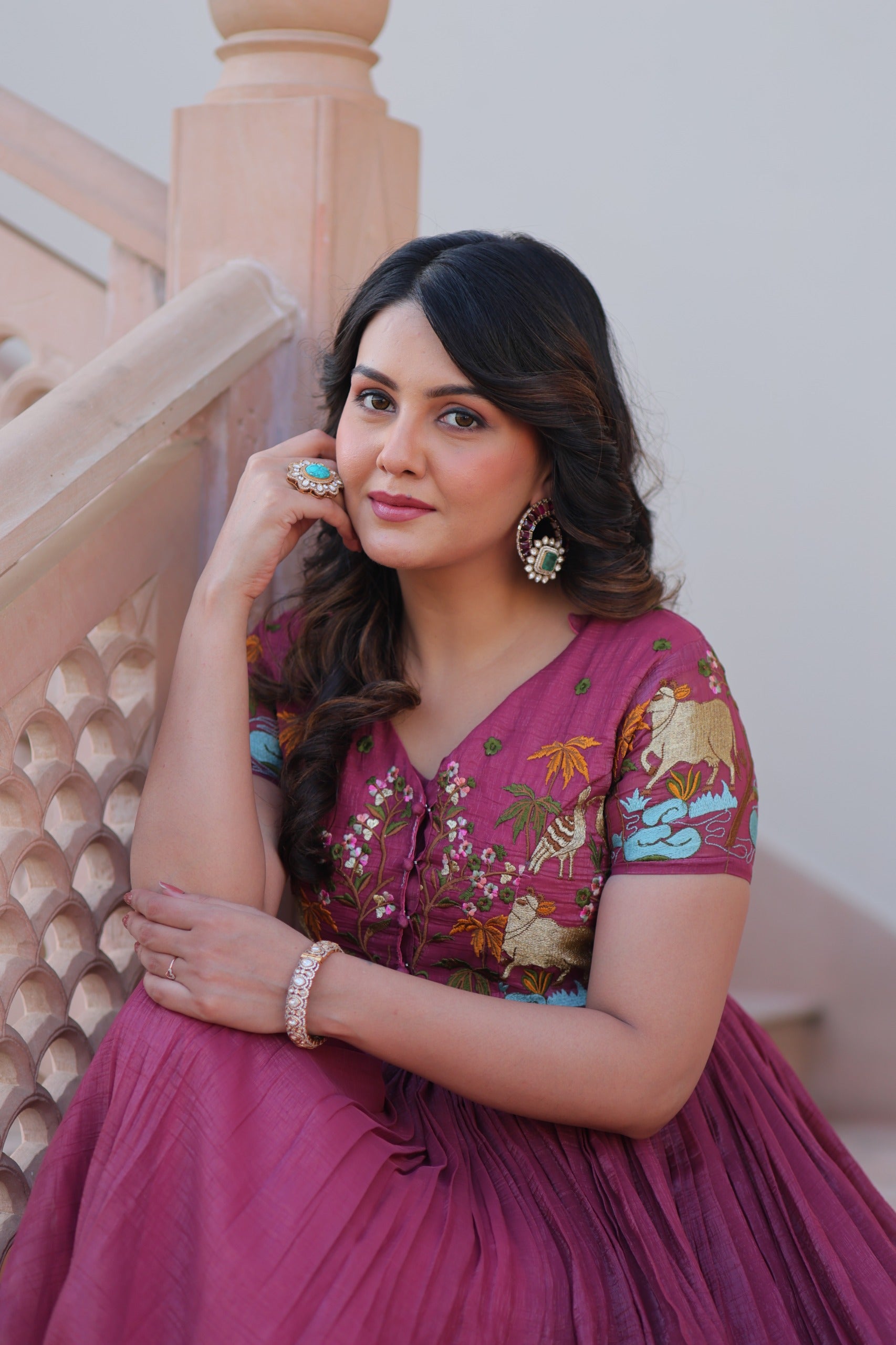 Magenta Kalamkari Print With Koti-Gown