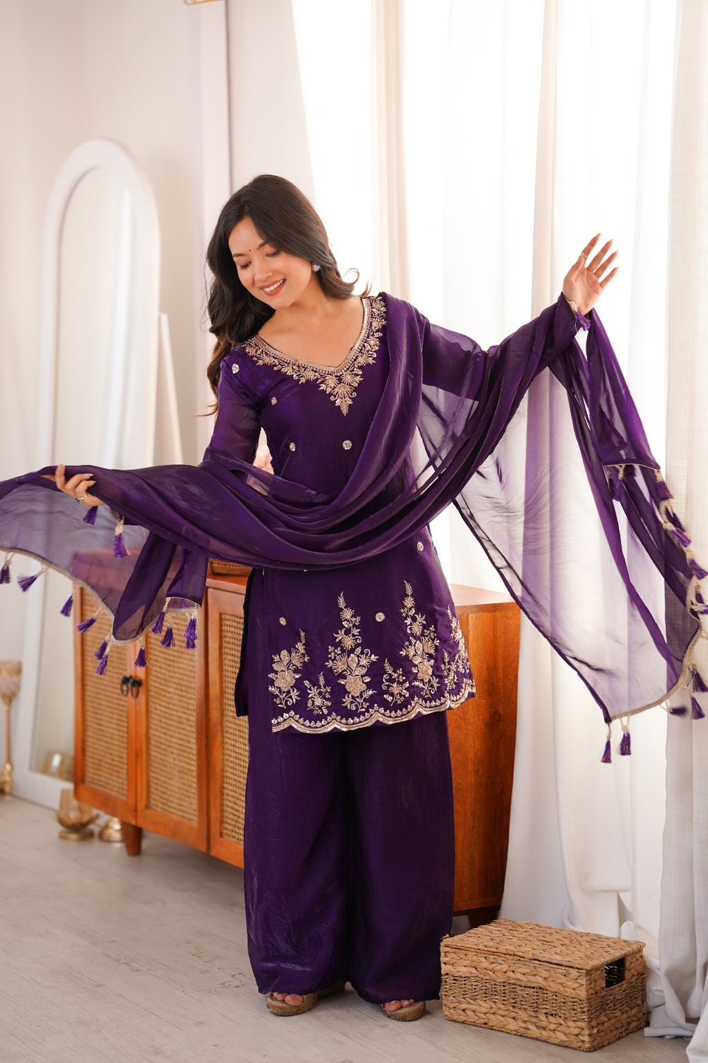 Purple Embroidery Tassel Work Sharara Suit Set
