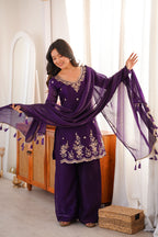 Purple Embroidery Tassel Work Sharara Suit Set