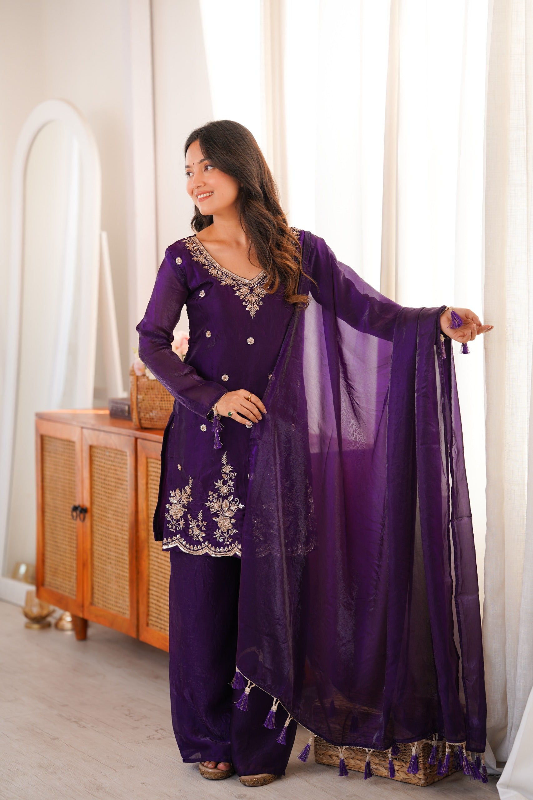 Purple Embroidery Tassel Work Sharara Suit Set