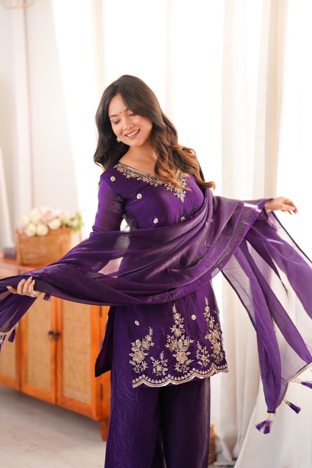 Purple Embroidery Tassel Work Sharara Suit Set