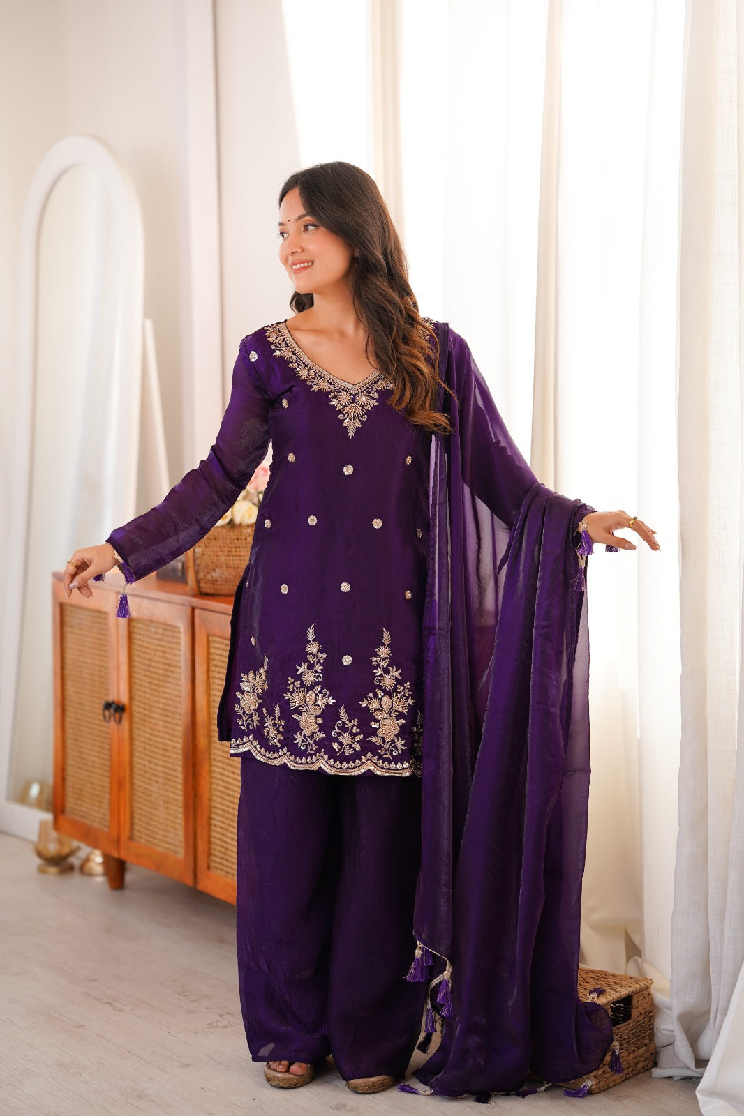 Purple Embroidery Tassel Work Sharara Suit Set